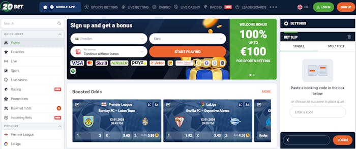 Startsidan hos 20 Bet Casino