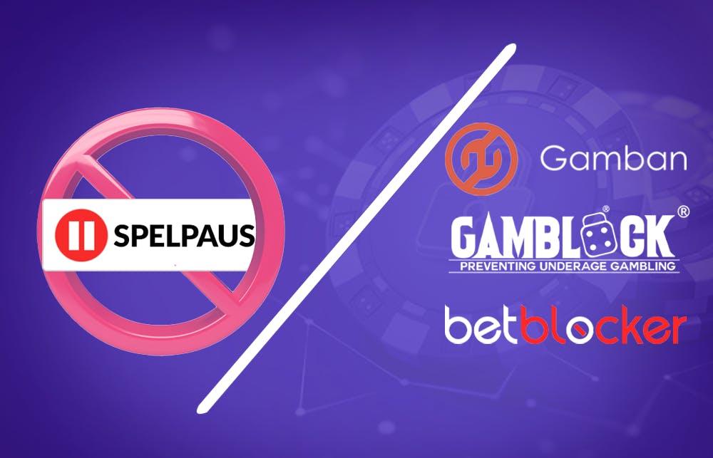 Till vänster står Spelpaus överstruket, och till höger finns logotyper för Gamban, GamBlock och BetBlocker. Bilden delas upp med hjälp av ett snedtecken. I bakgrunden skymtas pokermarker.