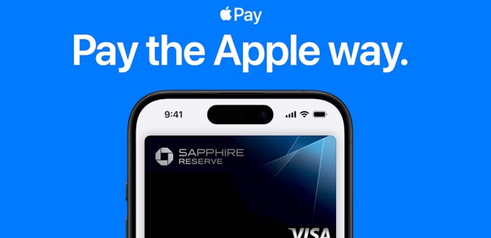 En bild tagen på startsidan hos Apple Pay. Bilden visar en iPhone under texten Pay the Apple way.