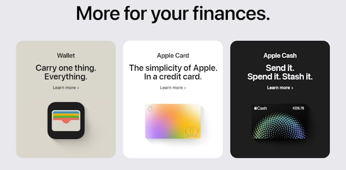 Tre olika Apple Pay funktioner: Wallet, Apple Card och Apple Cash.