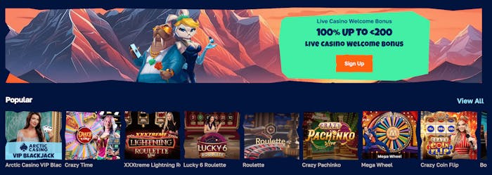 Utbudet av live casino spel på Arctic casino.