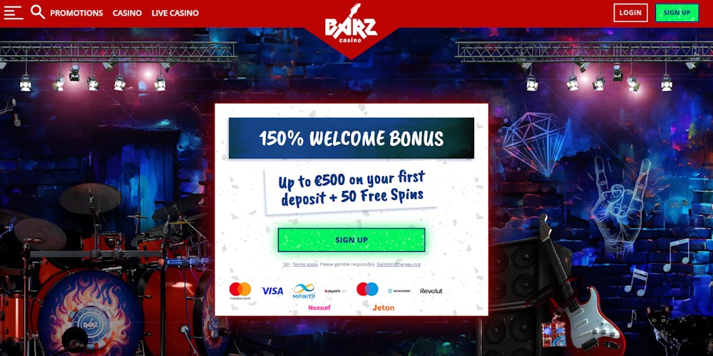 Startsidan på Barz Casino.