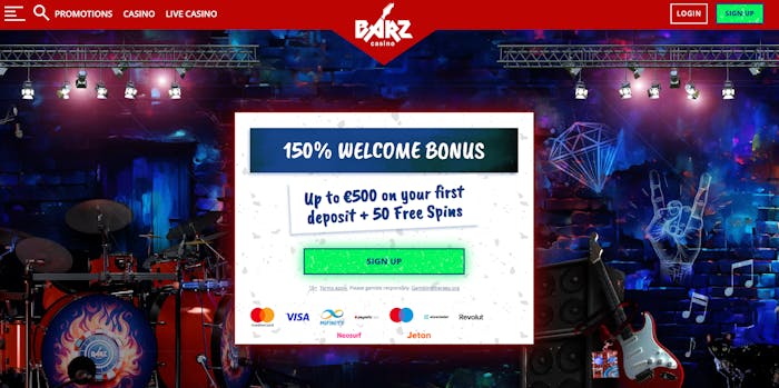 Startsidan på Barz Casino.