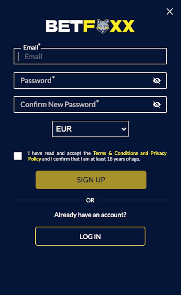 Fyll i mejladress, lösenord och valuta för att inleda registreringsprocessen hos Betfoxx.