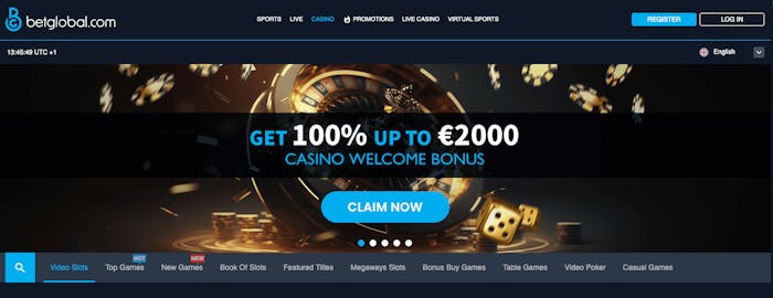 På BetGlobal startsida är bonusar och spelkategorier i fokus. Här visas välkomsterbjudandet på 100 procent upp till 2000 euro. De olika spelkategorierna visas i en meny under välkomstbonusen. Det finns bland annat video slots, megaways slots och bordsspel i utbudet. 