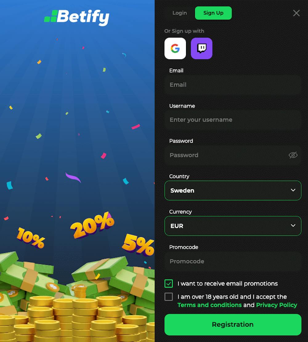Skapa ett konto hos Betify genom att ange e-postadress samt välj användarnamn och lösenord. Fyll sedan i land och valuta. Det går också att registrera sig via Google.