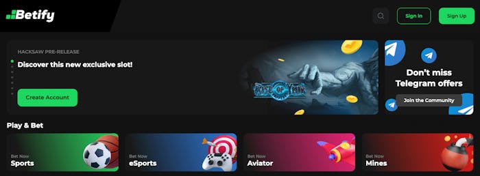 Schermata principale del sito web Betify che mostra la selezione di giochi