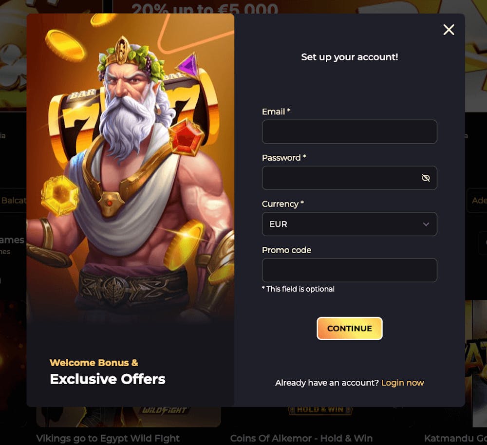 Registreringsformuläret på Betizy Casino med fält var följande uppgifter måste fyllas i: e-postadress, lösenord, valuta och eventuell bonuskod. Knappen Continue tar en till nästa steg. 