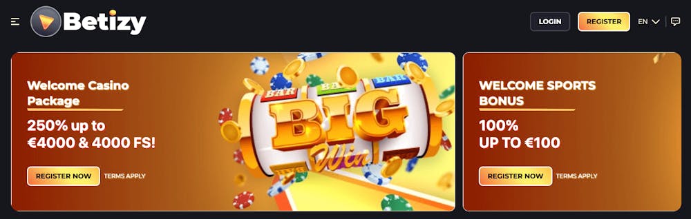 Betizy Casinos startsida som visar såväl välkomstpaketet på 250 procent upp till 4000 euro plus 4000 free spins som menyknapp och loginknapp. Här skymtas också välkomstpaketet för sport.