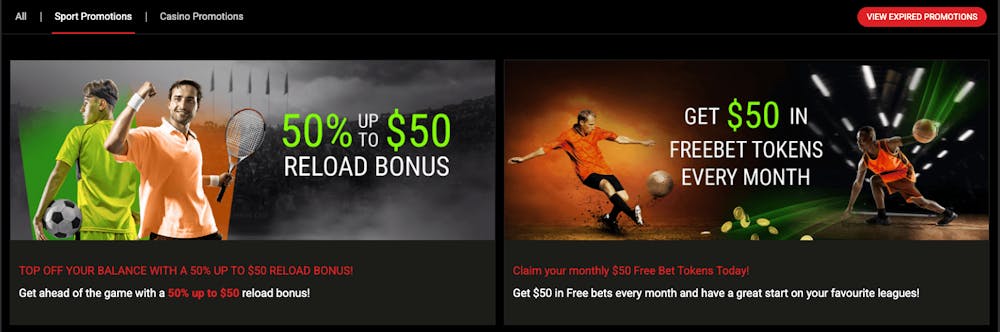 Betonic Casino har flera sporbonusar. Här visas en reload bonus på 50 procent upp till 50 dollar samt en där man kan få 50 dollar i free bet tokens varje månad.