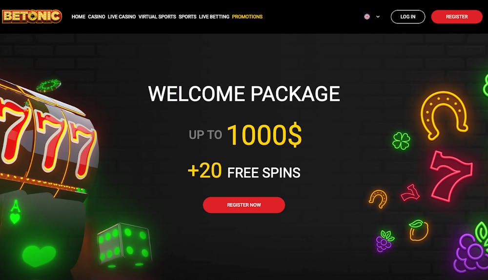 Betonics startsida som visar välkomstpaketet på upp till 1000 dollar plus 20 free spins. Här visas även de olika spelkategorierna högst upp i menyn samt knappar för inlogg samt registrering.