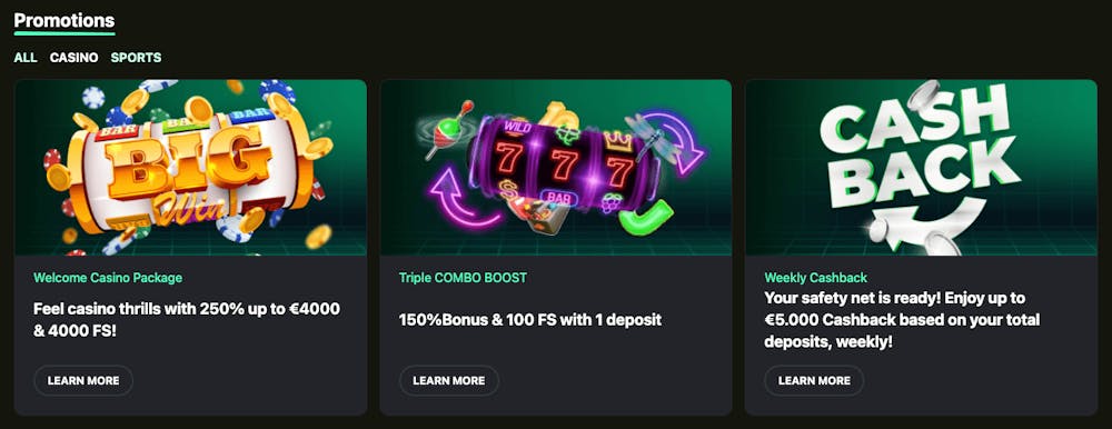 Utöver välkomstpaketet finns bland annat veckovis cashback på upp till 5000 euro hos Betrix Casino.