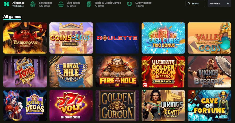 I Betrix utbud finns slots, bordsspel, jackpottar och live casino. Bland annat finns titlar som Coins of Zeus, Valley of the Gods and Fire in the Hole.
