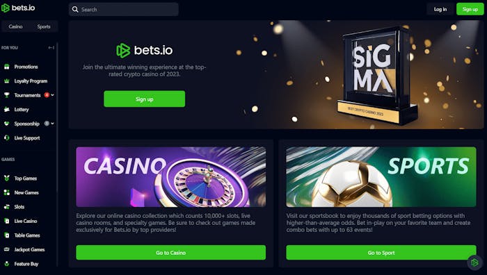 Startsidan hos Bets.io