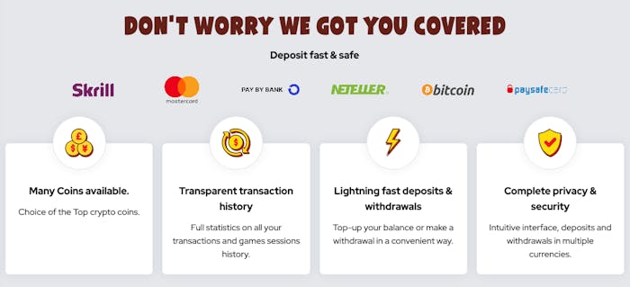På Betsolinos förstasida visas att många kryptovalutor finns tillgängliga, inklusive Bitcoin. Här utlovas också snabba insättningar och uttag samt transparent transaktionshistorik.