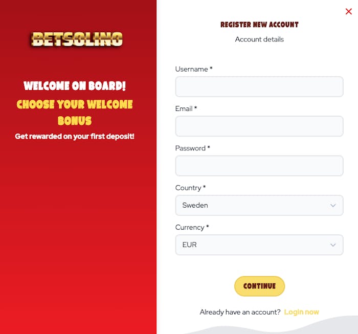 För att skapa ett konto hos Betsolino, klicka på Register. Fyll i uppgifter som användarnamn, mejladress, lösenord, land och valuta.