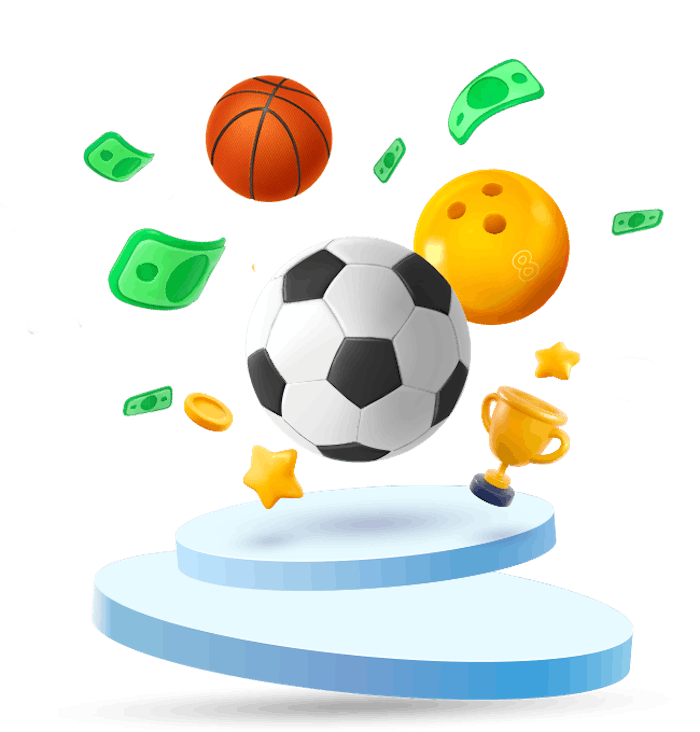 Olika saker som en stjärna, en fotboll, en basketboll, sedlar och guldmynt.