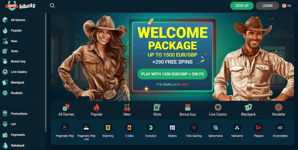 Startsidan på Bilucky Casino.