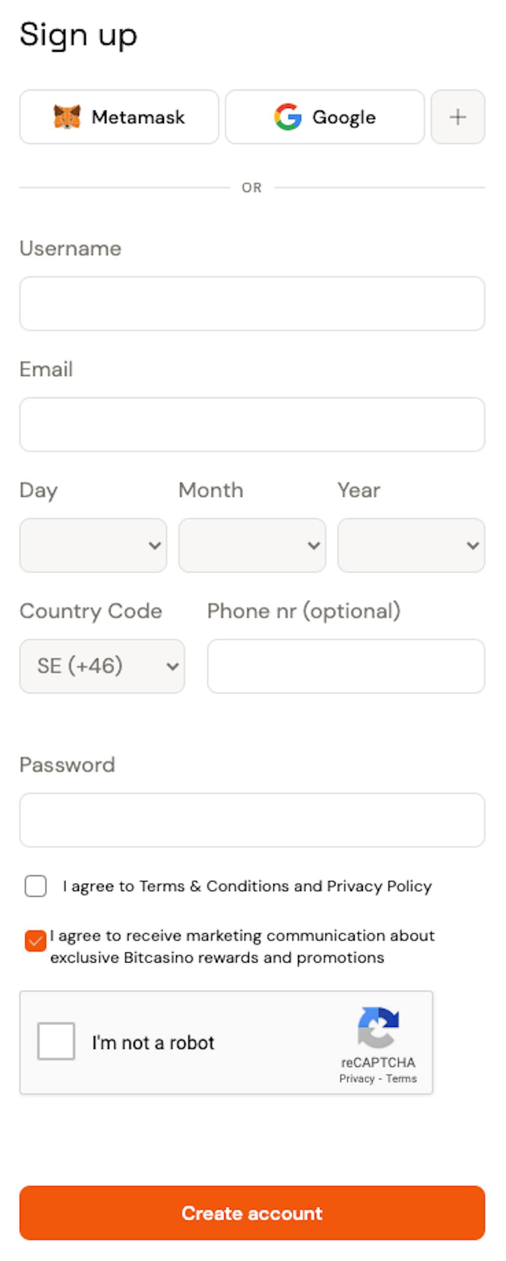 Registrera dig manuellt, alternativt via Google eller Metamask, hos Bitcasino. Vid manuell registrering ska uppgifter som användarnamn, e-postadress, födelsedatum, telefonnummer samt lösenord fyllas i.