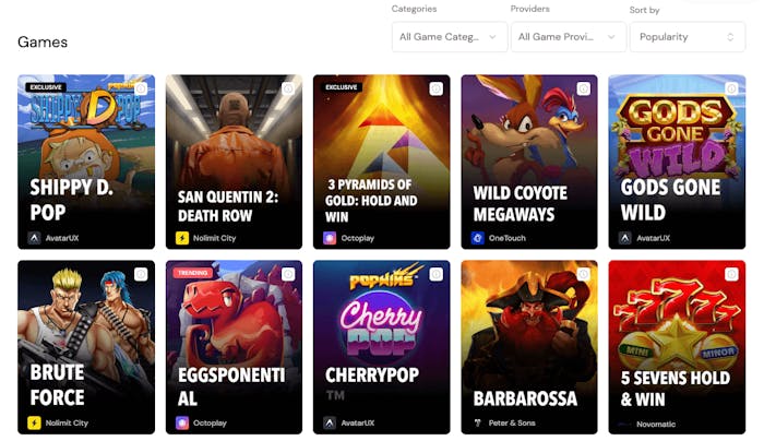 Bitcasino har ett brett spelutbud innehållande såväl slots som bordsspel och live casinospel. Spela titlar som Gods Gone Wild, Barbarossa och Wild Coyote Megaways.