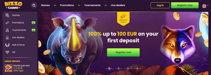 Startsidan hos Bizzo Casino