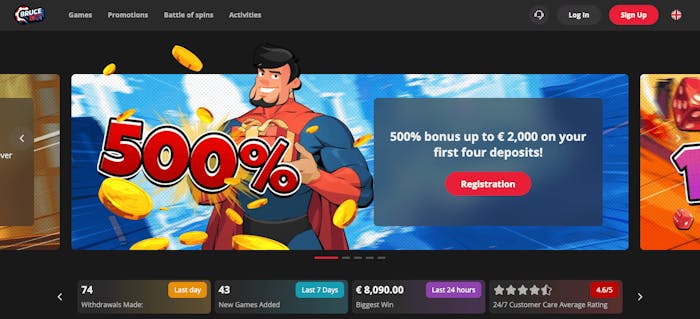 Välkomstpaketet på 500 procent upp till 2000 euro är i fokus när man surfar in på Bruce Bet Casino.