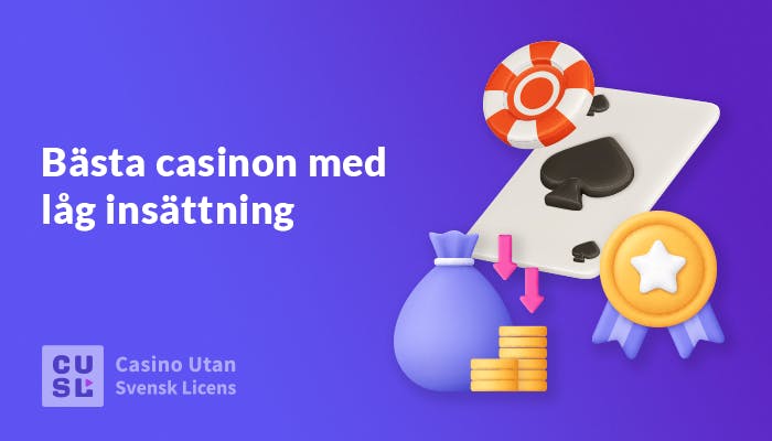 En spelbricka, spelkort, en medalj och guldmynt visas vid sidan av texten: Bästa casinon med låg insättning.