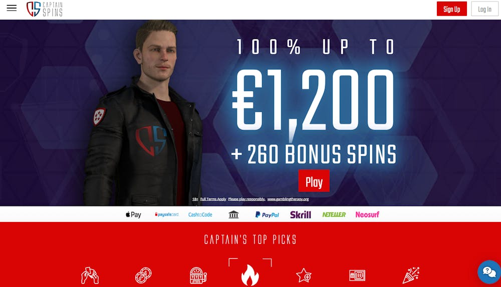 Startsidan hos Captain Spins Casino