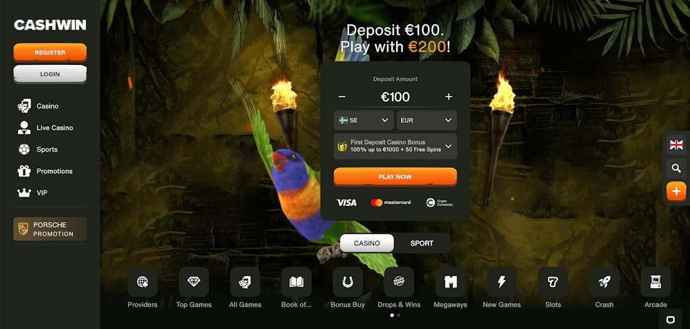 Första sidan på Cashwin casino med en ruta där du kan göra din första insättning.