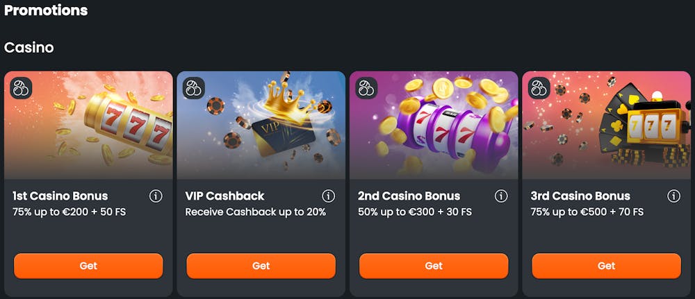 Screenshot of current bonuses at casinos without a Swedish license