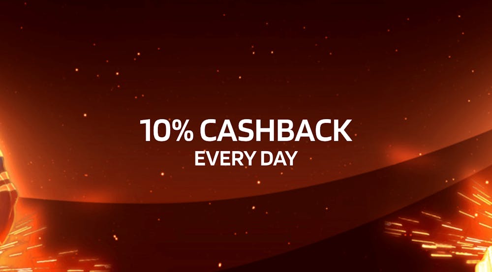 Mörk bakgrund med gnistor och texten 10% cashback every day.