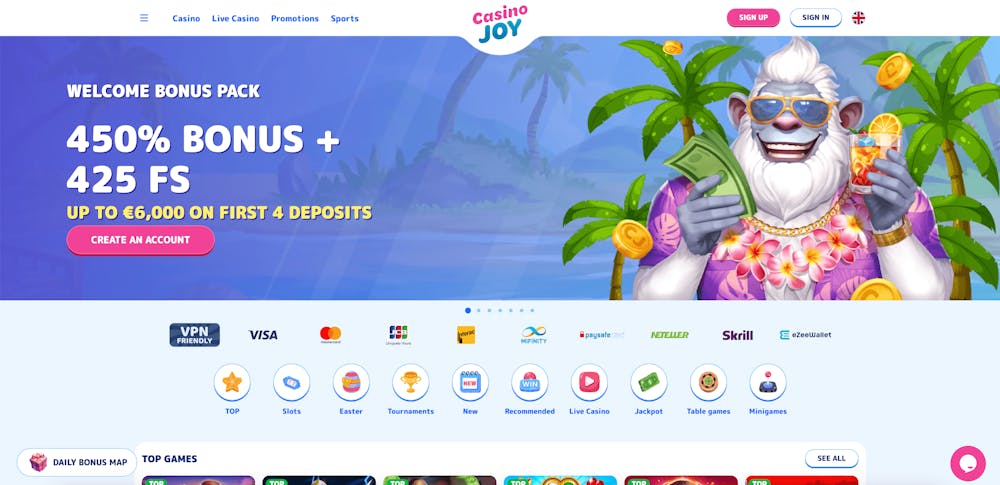 Första sidan du möts av på Casino Joy.