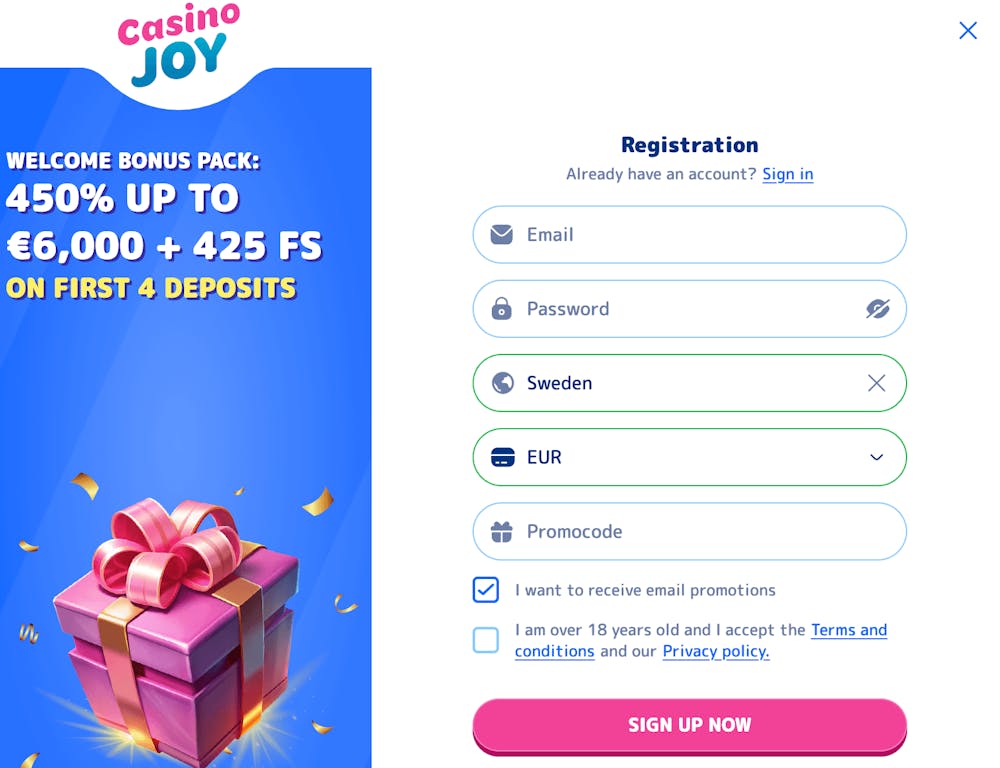 Registreringsformuläret på Casino Joy.