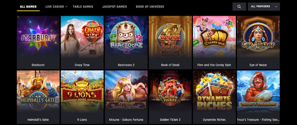 Utbud av spel hos Casino Universe