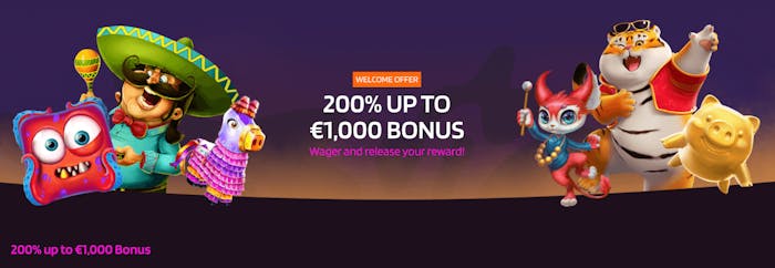 Bonusar i form av insättningsbonus, cashbacks och free spins finns på casinon utan konto. Här visas en välkomstbonus hos HappySlots på 200 procent upp till 1000 euro.
