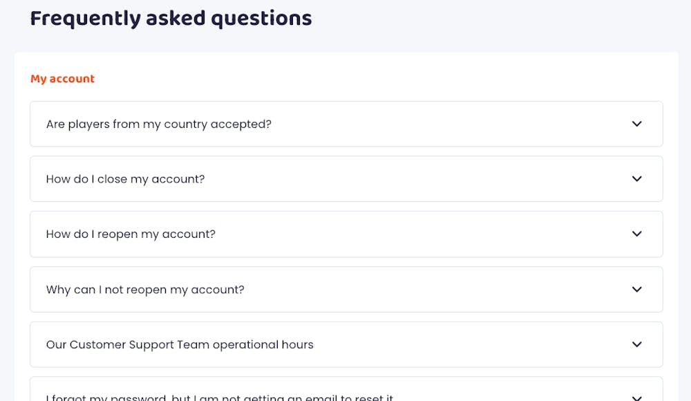 Här visas några vanligt förekommande frågor och svar hos CasinoVibes. De fält med frågor som visas här rör My account.