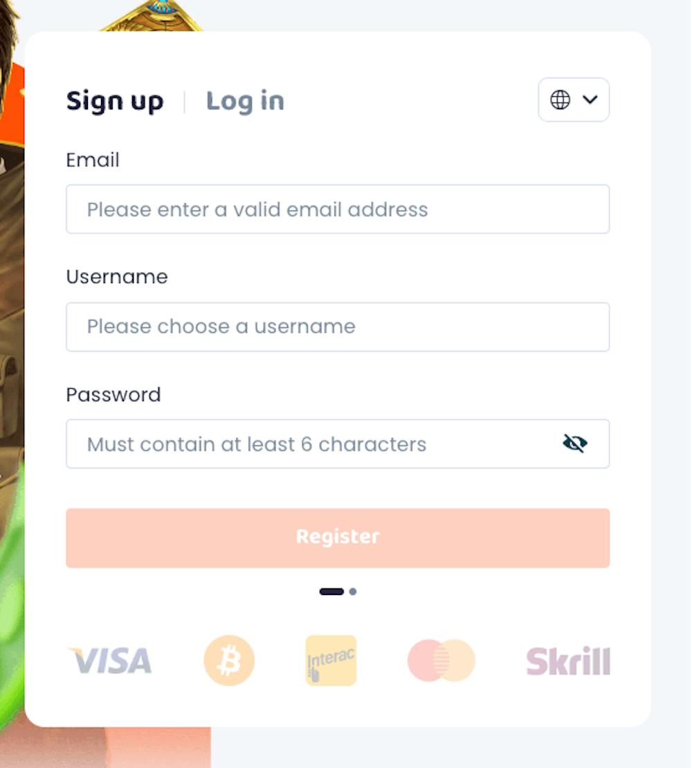 I CasinoVibes registreringsformulär finns tre fält för att fylla i e-postadress, användarnamn och lösenord. Här finns register-knappen samt logotyper av några tillgängliga betalningsmetoder synliga.