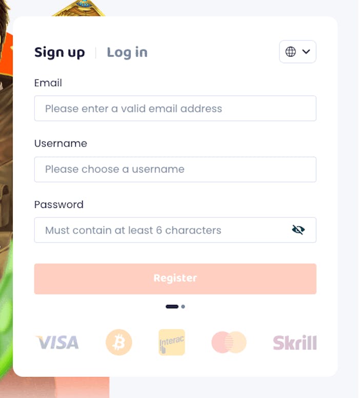 I CasinoVibes registreringsformulär finns tre fält för att fylla i e-postadress, användarnamn och lösenord. Här finns register-knappen samt logotyper av några tillgängliga betalningsmetoder synliga.