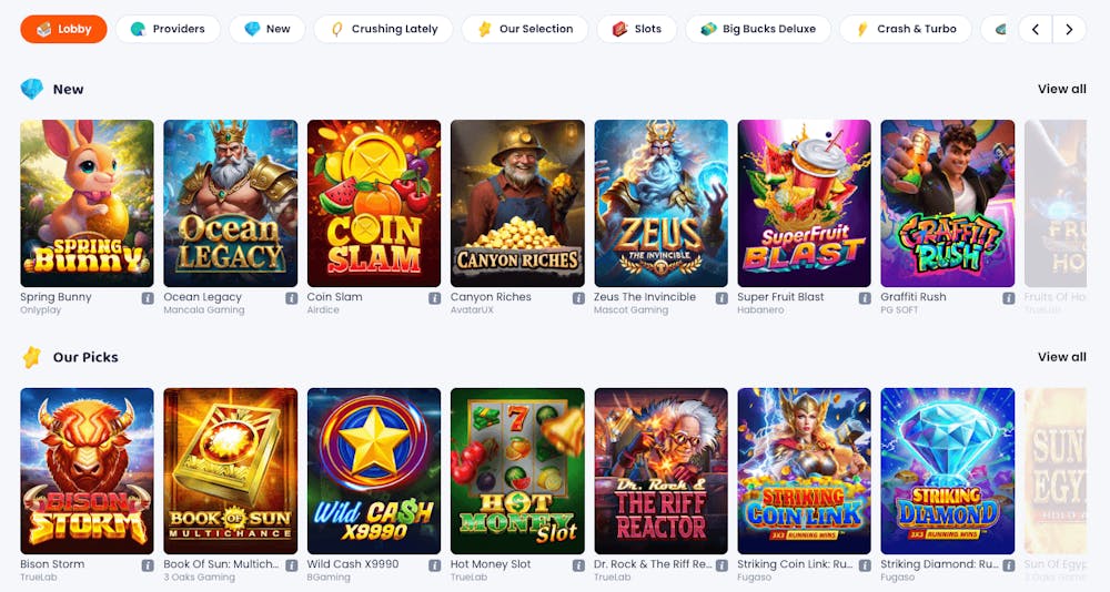 Under kategorierna New och Our Picks hos CasinoVibes listas speltitlar som Spring Bunny, Coin Slam, Bison Storm och Wild Cash X9990.