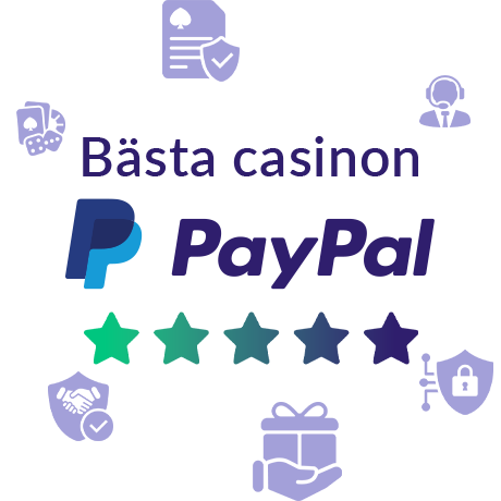 Olika symboler, fem stjärnor, logotypen för e-plånboken och texten Bästa casinon med PayPal.