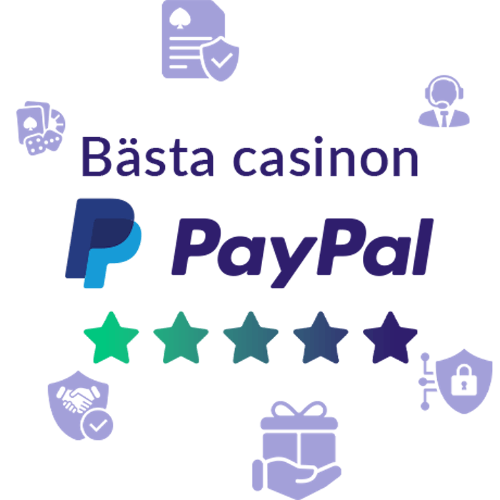 Olika symboler, fem stjärnor, logotypen för e-plånboken och texten Bästa casinon med PayPal.