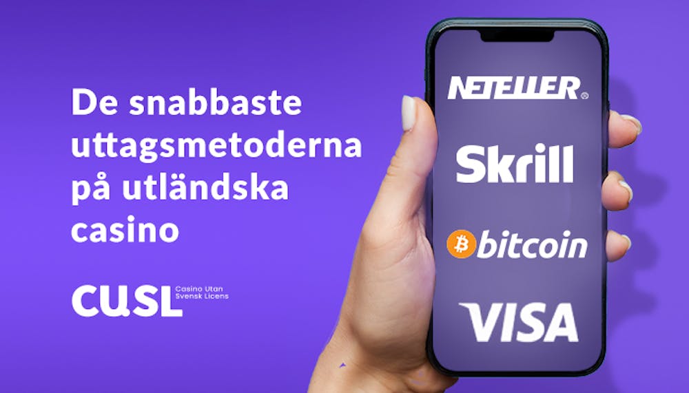 A hand holding a phone showing the text Neteller, Skrill, Bitcoin and visa.  