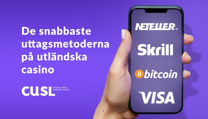 En hand som håller en mobiltelefon som visar de snabba uttagsmetoderna Neteller, Skrill, Bitcoin och Visa.