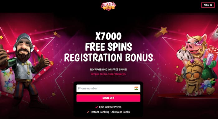 På Dice Wises startsida är välkomstpaketet med upp till 7000 free spins i fokus. Här finns också en knapp för registrering. På olika ställen på sidan syns karaktärer från olika spel.