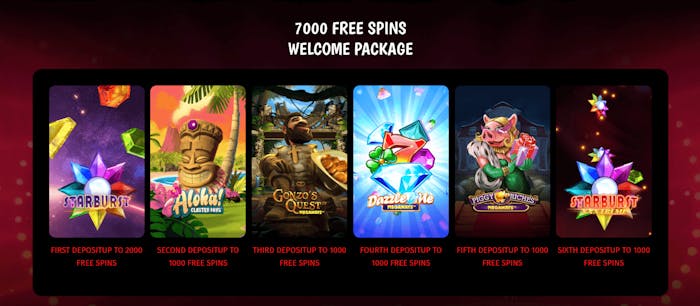 Välkomstpaketet på upp till 7000 free spins hos Dice Wise Casino är fördelat på 6 insättningar.