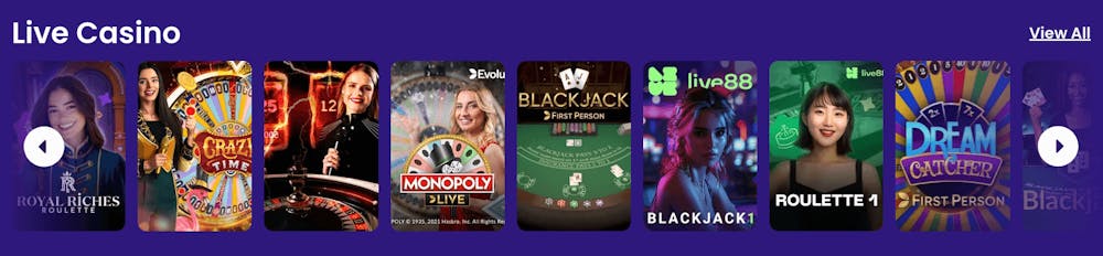 I DreamWins live casino finns titlar som Crazy Time, Monopoly Live och Dream Catcher.