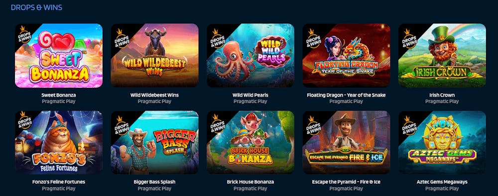 Jackpottspel med Drops and Wins finns hos Dynabet. Spela Pragmatics slots Sweet Bonanza, Bigger Bass Splash eller Irish Crown.
