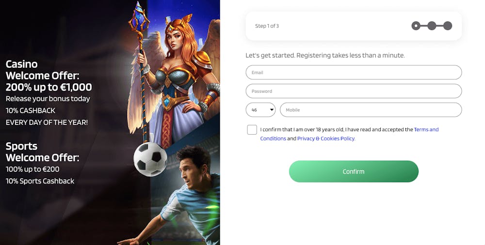 Som första steg i registreringsprocessen hos Dynabet ska uppgifter som e-postadress, lösenord samt mobilnummer anges. Till vänster visas välkomsterbjudandena för såväl casino- som sportdelen.