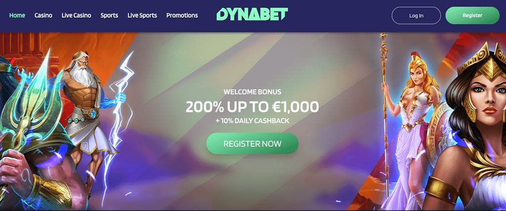 Dynabets startsida visar bland annat välkomstbonusen på 200 procent upp till 1000 euro. Uppe till vänster finns menyn och till höger registrerings- och loginknapparna.