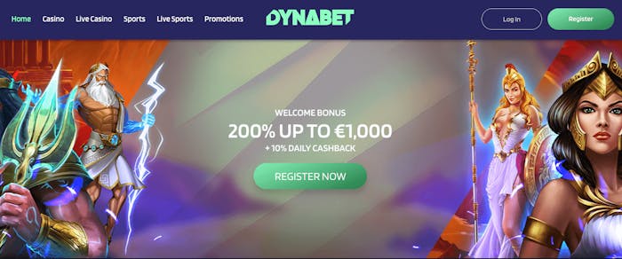 Dynabets startsida visar bland annat välkomstbonusen på 200 procent upp till 1000 euro. Uppe till vänster finns menyn och till höger registrerings- och loginknapparna.